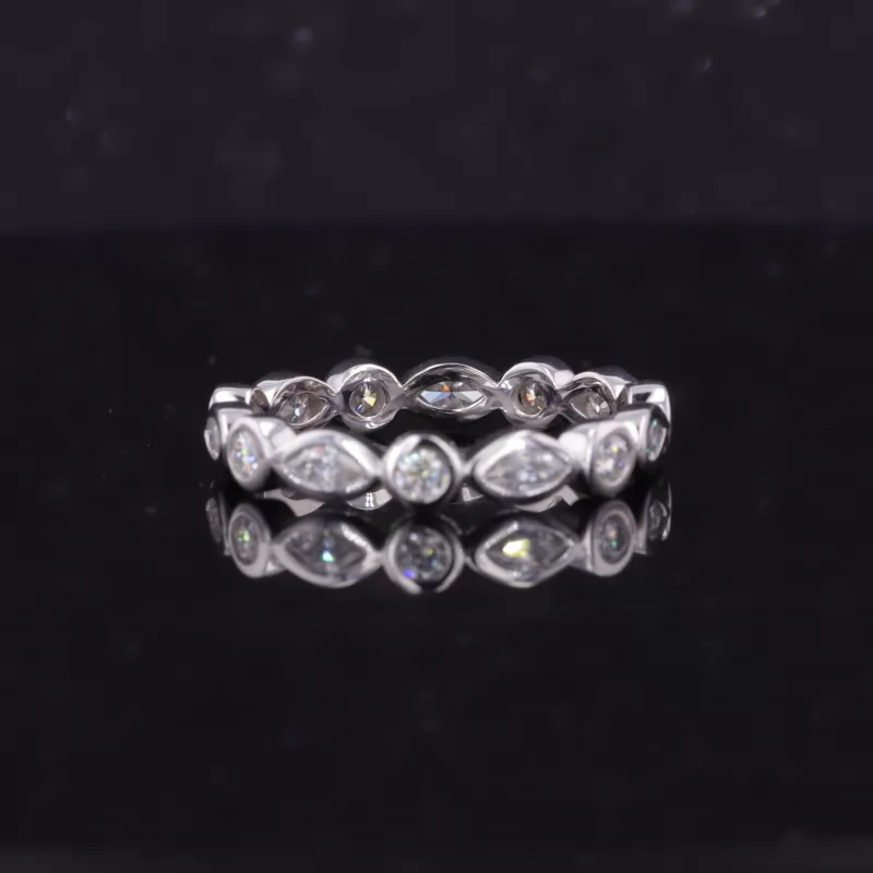 2×4mm Marquise Cut Moissanite & 2.3mm Round Brilliant Cut Moissanite Bezel Set PT950 Diamond Eternity Ring