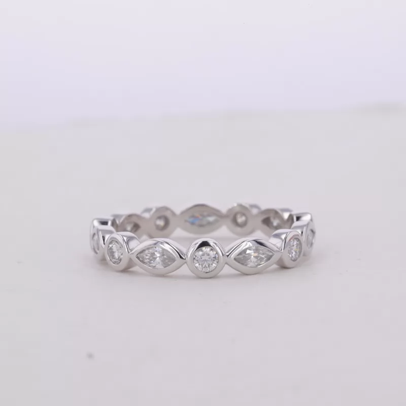 2×4mm Marquise Cut Moissanite & 2.3mm Round Brilliant Cut Moissanite Bezel Set PT950 Diamond Eternity Ring