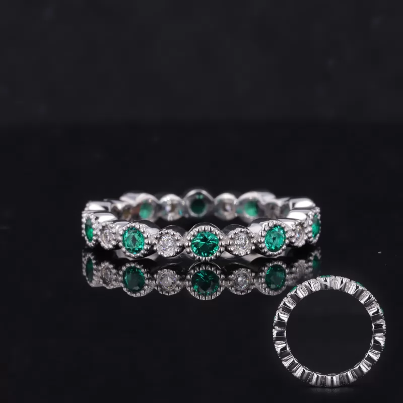 2.5mm Round Brilliant Cut Lab Grown Emerald & 2mm Round Brilliant Cut Moissanite Bezel Set 14K White Gold Diamond Eternity Ring