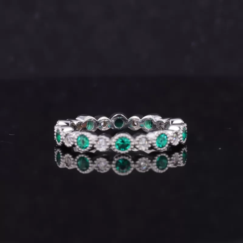 2.5mm Round Brilliant Cut Lab Grown Emerald & 2mm Round Brilliant Cut Moissanite Bezel Set 14K White Gold Diamond Eternity Ring