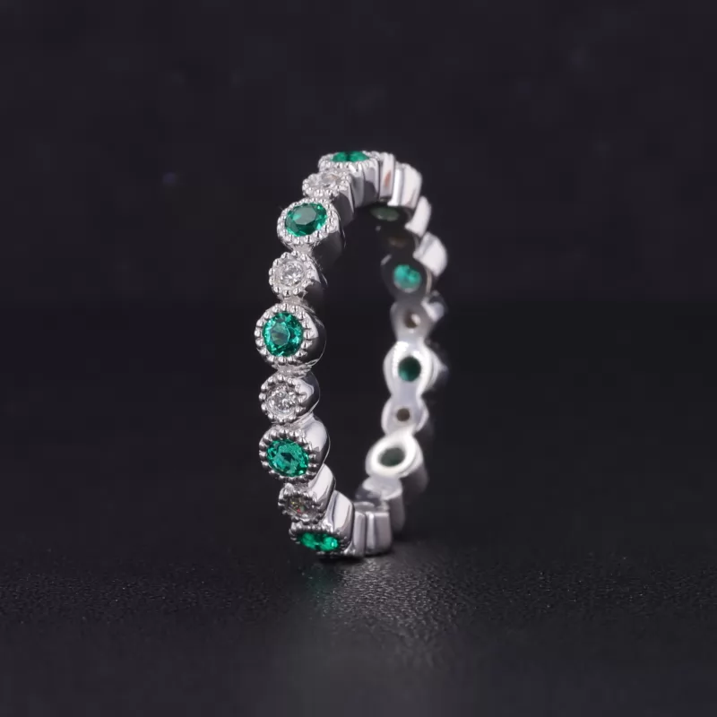 2.5mm Round Brilliant Cut Lab Grown Emerald & 2mm Round Brilliant Cut Moissanite Bezel Set 14K White Gold Diamond Eternity Ring