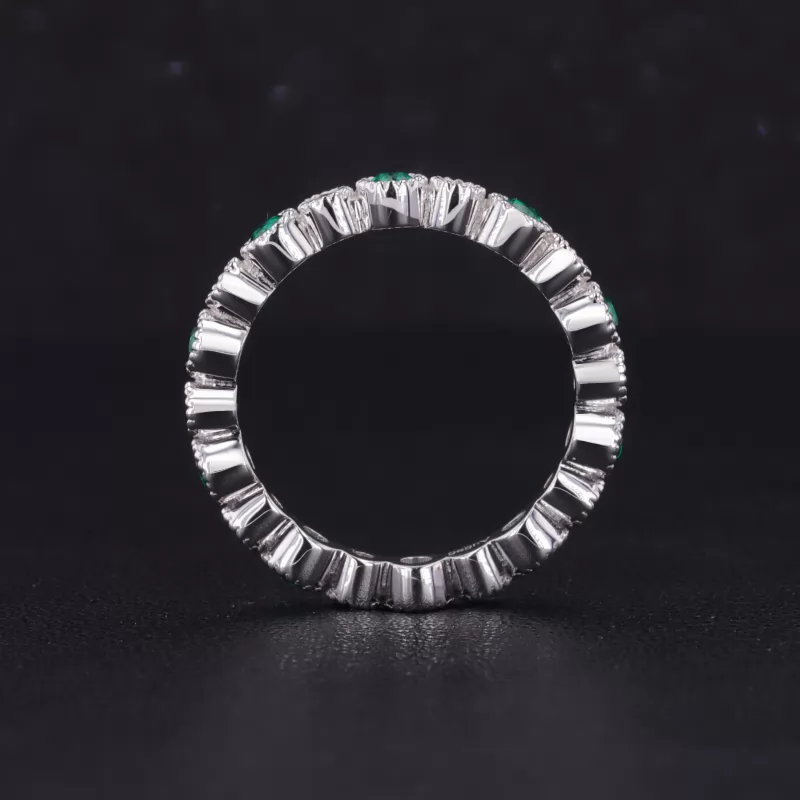 2.5mm Round Brilliant Cut Lab Grown Emerald & 2mm Round Brilliant Cut Moissanite Bezel Set 14K White Gold Diamond Eternity Ring