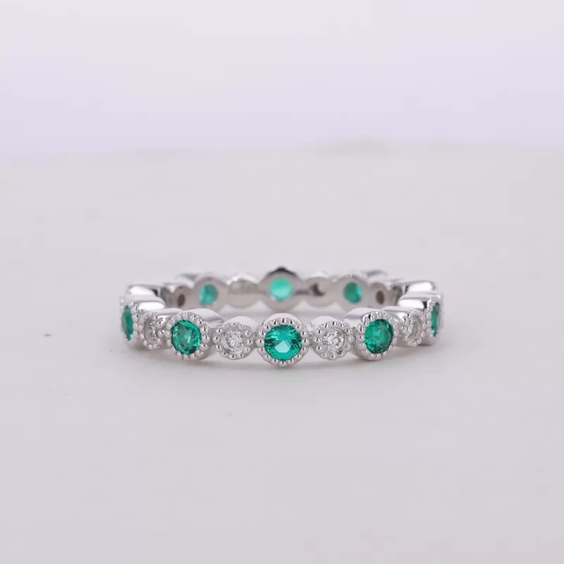 2.5mm Round Brilliant Cut Lab Grown Emerald & 2mm Round Brilliant Cut Moissanite Bezel Set 14K White Gold Diamond Eternity Ring