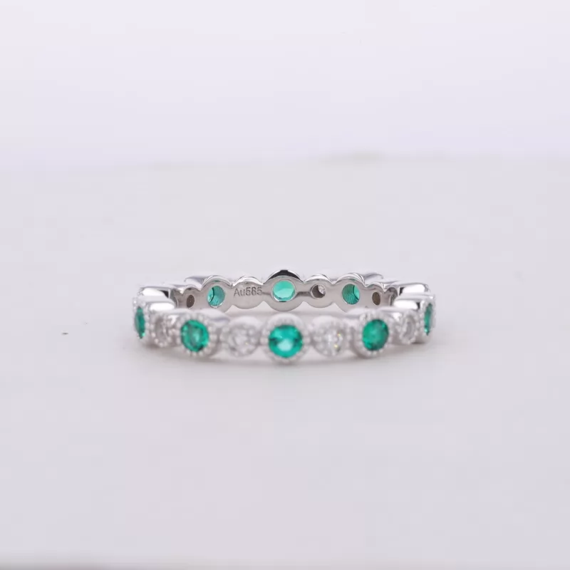 2.5mm Round Brilliant Cut Lab Grown Emerald & 2mm Round Brilliant Cut Moissanite Bezel Set 14K White Gold Diamond Eternity Ring