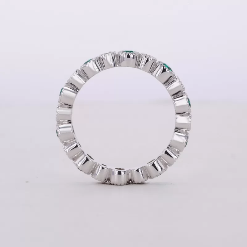 2.5mm Round Brilliant Cut Lab Grown Emerald & 2mm Round Brilliant Cut Moissanite Bezel Set 14K White Gold Diamond Eternity Ring