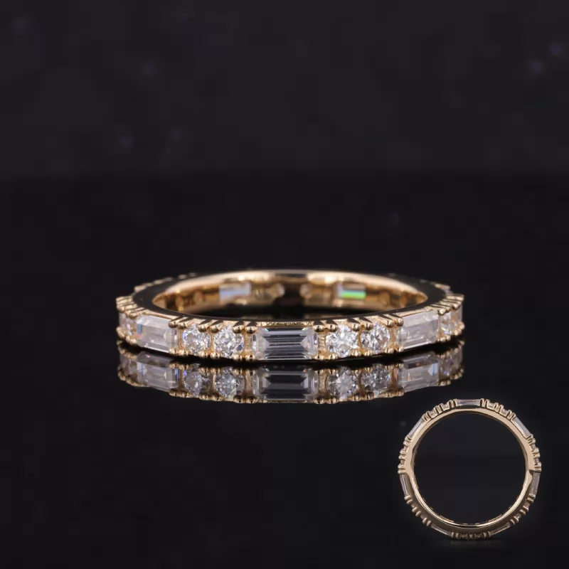 2×4mm Octagon Emerald Cut Moissanite & 2mm Round Brilliant Cut Moissanite 14K Yellow Gold Diamond Eternity Ring