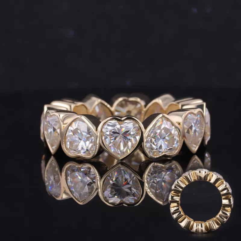 6×6mm Heart Cut Moissanite Bezel Set 14K Yellow Gold Diamond Eternity Ring