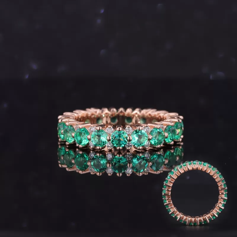 2.9mm Round Brilliant Cut Lab Grown Emerald & 1.5mm Round Brilliant Cut Moissanite 14K Rose Gold Diamond Eternity Ring