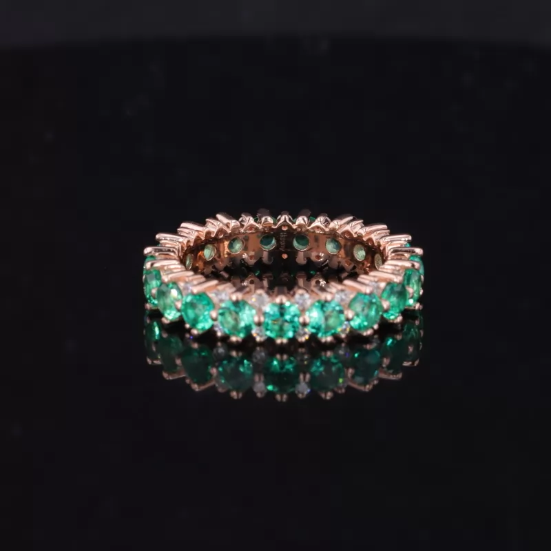 2.9mm Round Brilliant Cut Lab Grown Emerald & 1.5mm Round Brilliant Cut Moissanite 14K Rose Gold Diamond Eternity Ring