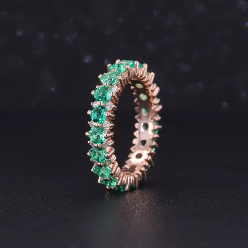 2.9mm Round Brilliant Cut Lab Grown Emerald & 1.5mm Round Brilliant Cut Moissanite 14K Rose Gold Diamond Eternity Ring