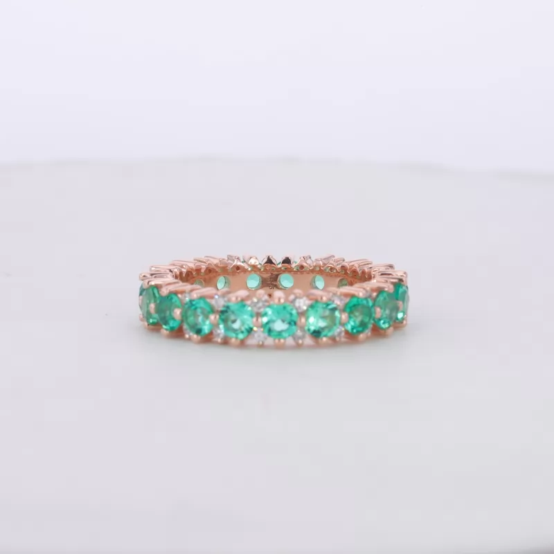 2.9mm Round Brilliant Cut Lab Grown Emerald & 1.5mm Round Brilliant Cut Moissanite 14K Rose Gold Diamond Eternity Ring