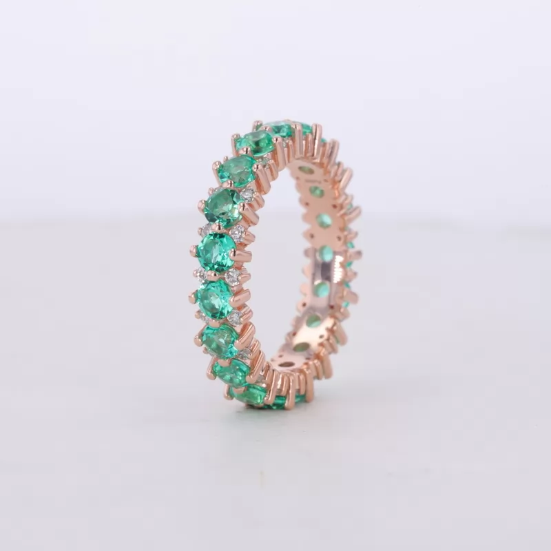 2.9mm Round Brilliant Cut Lab Grown Emerald & 1.5mm Round Brilliant Cut Moissanite 14K Rose Gold Diamond Eternity Ring