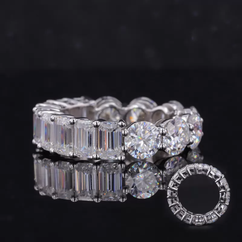 3×5mm Octagon Emerald Cut Moissanite & 5mm Round Brilliant Cut Moissanite 14K White Gold Diamond Eternity Ring