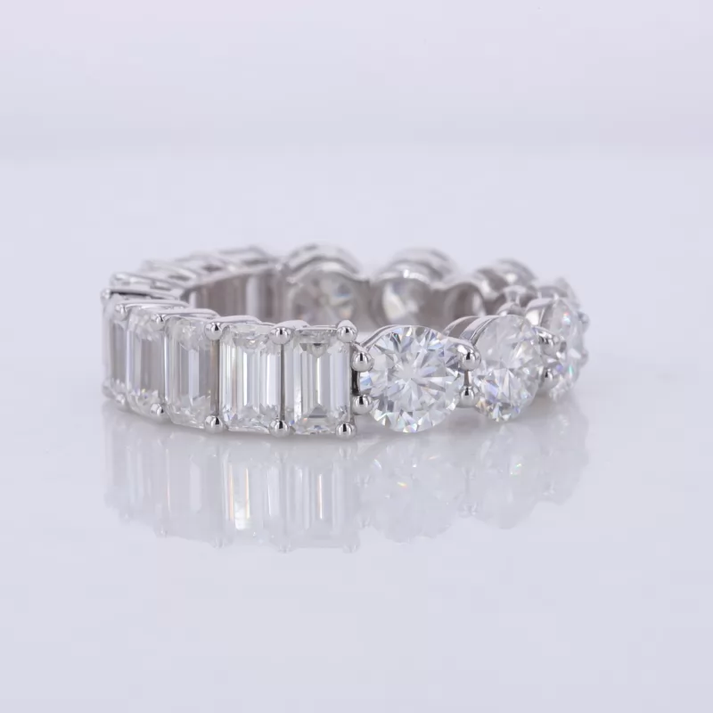 3×5mm Octagon Emerald Cut Moissanite & 5mm Round Brilliant Cut Moissanite 14K White Gold Diamond Eternity Ring