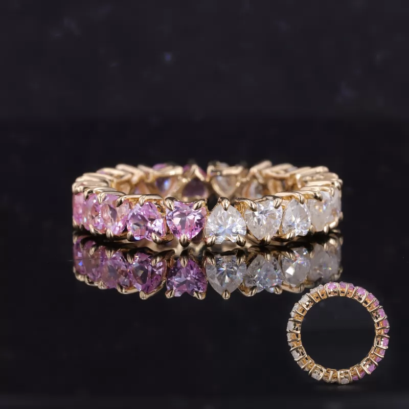 3.5×3.5mm Heart Cut Moissanite & Lab Grown Sukura Pink Sapphire 14K Yellow Gold Diamond Eternity Ring