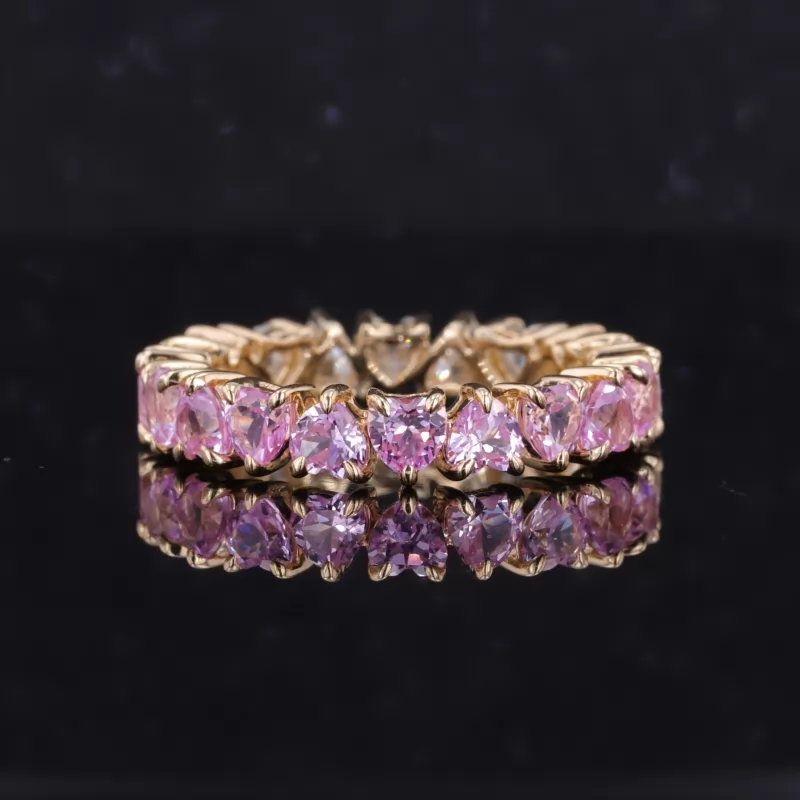 3.5×3.5mm Heart Cut Moissanite & Lab Grown Sukura Pink Sapphire 14K Yellow Gold Diamond Eternity Ring