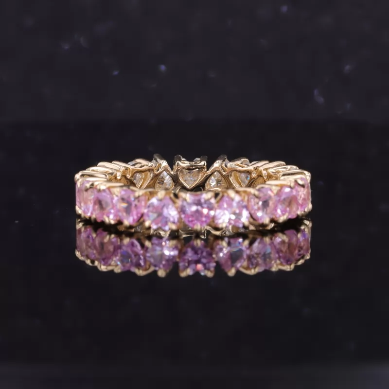 3.5×3.5mm Heart Cut Moissanite & Lab Grown Sukura Pink Sapphire 14K Yellow Gold Diamond Eternity Ring