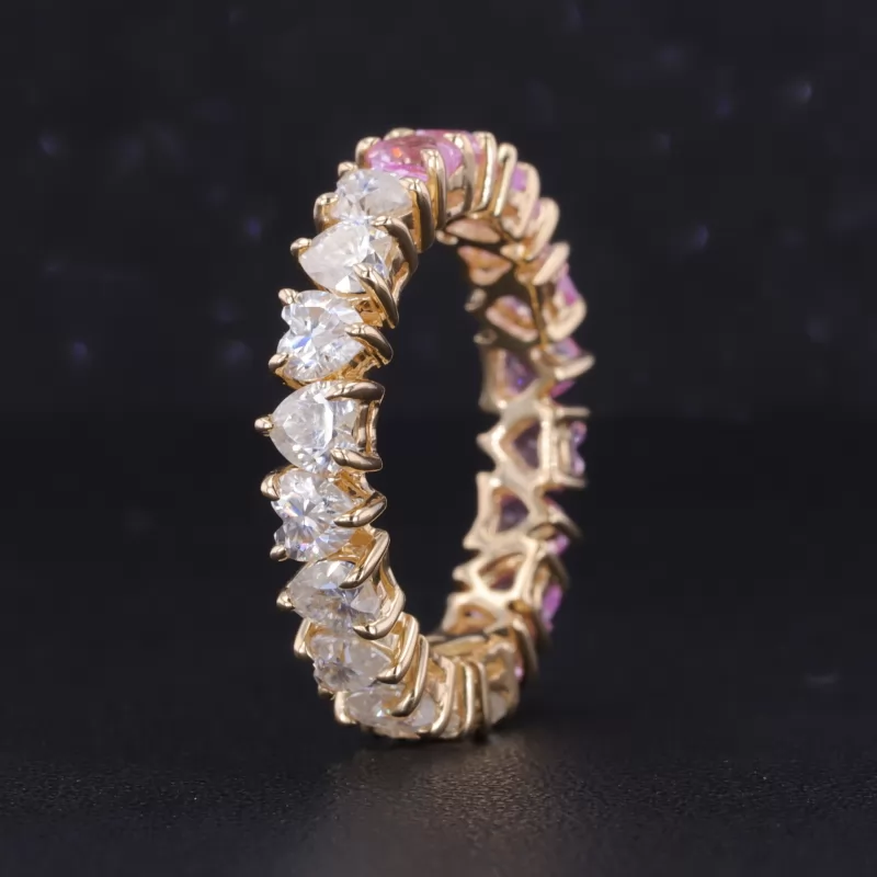 3.5×3.5mm Heart Cut Moissanite & Lab Grown Sukura Pink Sapphire 14K Yellow Gold Diamond Eternity Ring