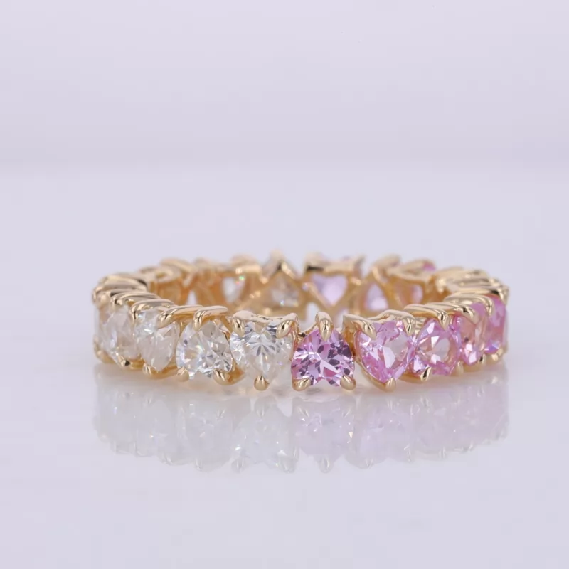 3.5×3.5mm Heart Cut Moissanite & Lab Grown Sukura Pink Sapphire 14K Yellow Gold Diamond Eternity Ring