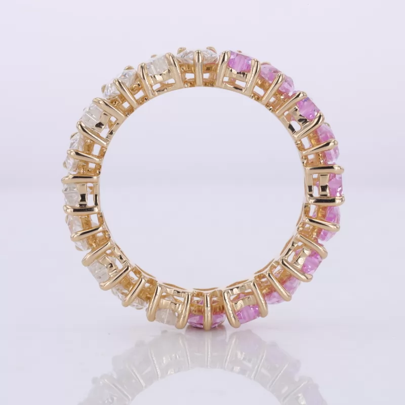 3.5×3.5mm Heart Cut Moissanite & Lab Grown Sukura Pink Sapphire 14K Yellow Gold Diamond Eternity Ring