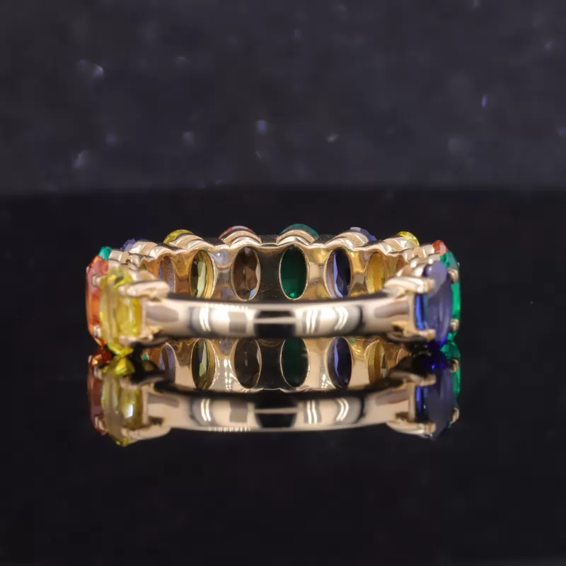 3×6mm Oval Cut Lab Gemstones 10K Yellow Gold Twelve Stone Diamond Ring