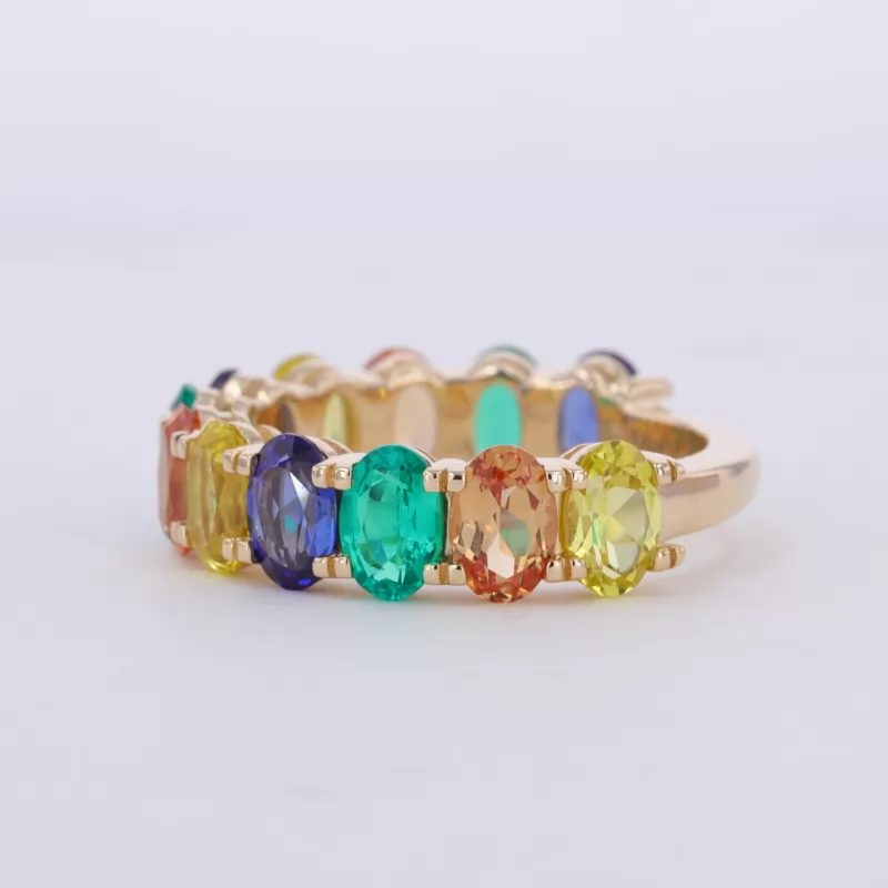 3×6mm Oval Cut Lab Gemstones 10K Yellow Gold Twelve Stone Diamond Ring