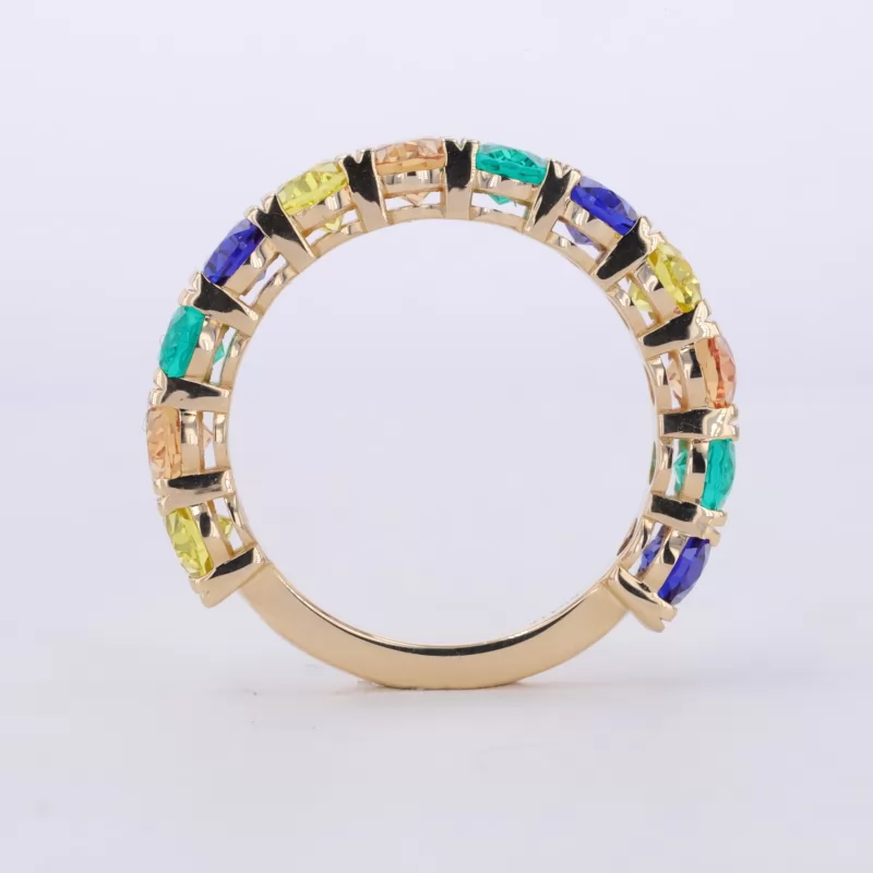 3×6mm Oval Cut Lab Gemstones 10K Yellow Gold Twelve Stone Diamond Ring