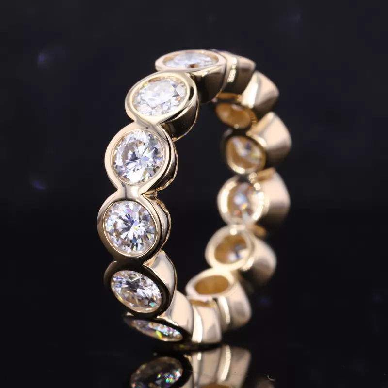 4mm Round Brilliant Cut Moissanite & Lab Grown Emerald & Lab Grown Sapphire Bezel Set 14K Yellow Gold & White Gold & PT950 Diamond Eternity Rings