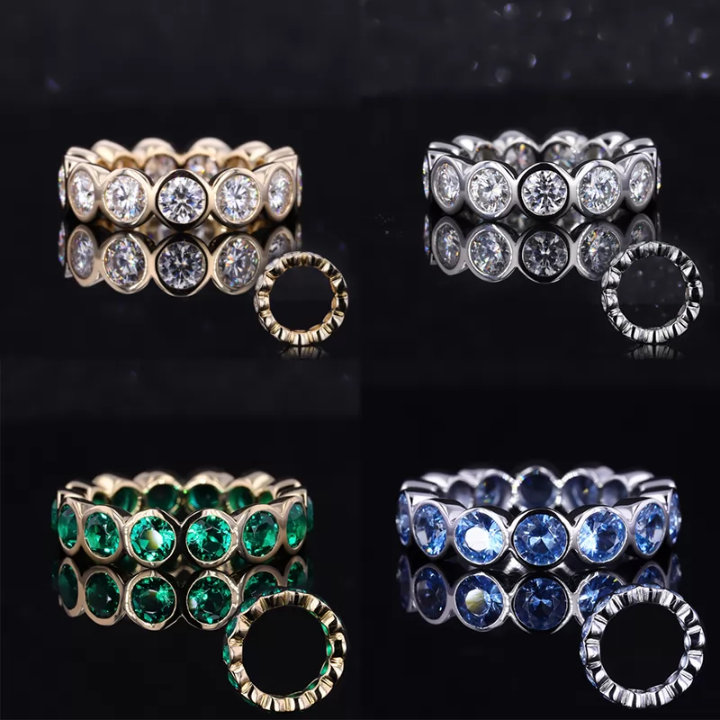 4mm Round Brilliant Cut Moissanite & Lab Grown Emerald & Lab Grown Sapphire Bezel Set 14K Yellow Gold & White Gold & PT950 Diamond Eternity Rings