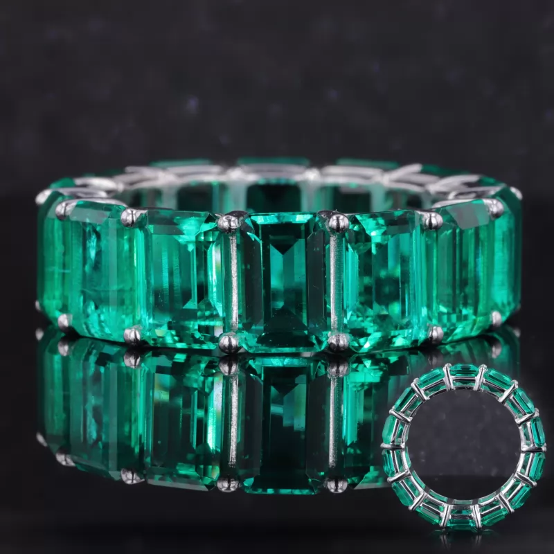 6×9mm Octagon Emerald Cut Lab Grown Emerald PT950 Diamond Eternity Ring