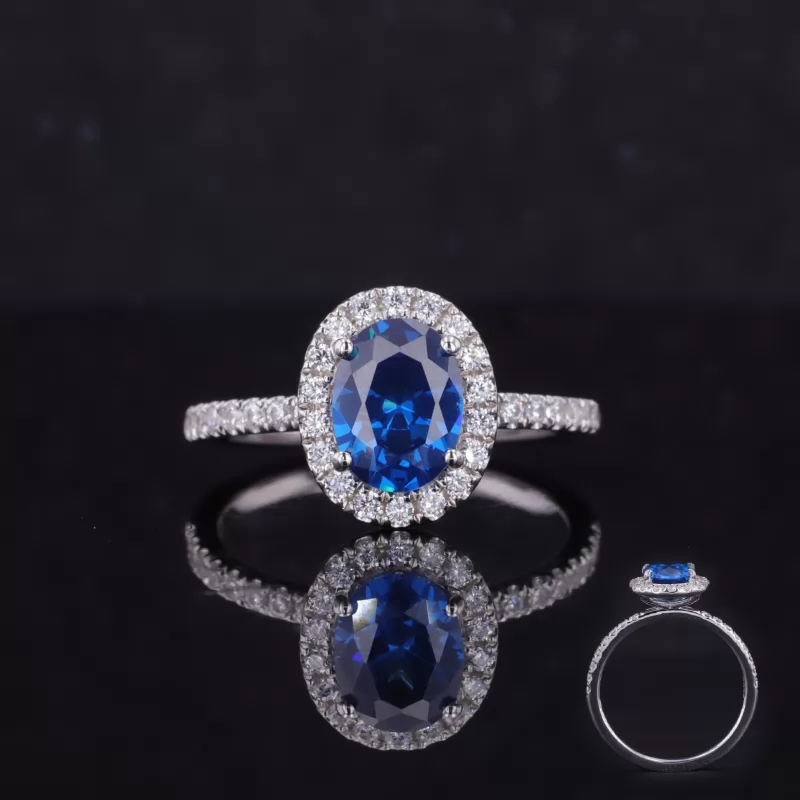 6×8mm Oval Cut Lab Grown Sapphire S925 Sterling Silver Halo Engagement Ring