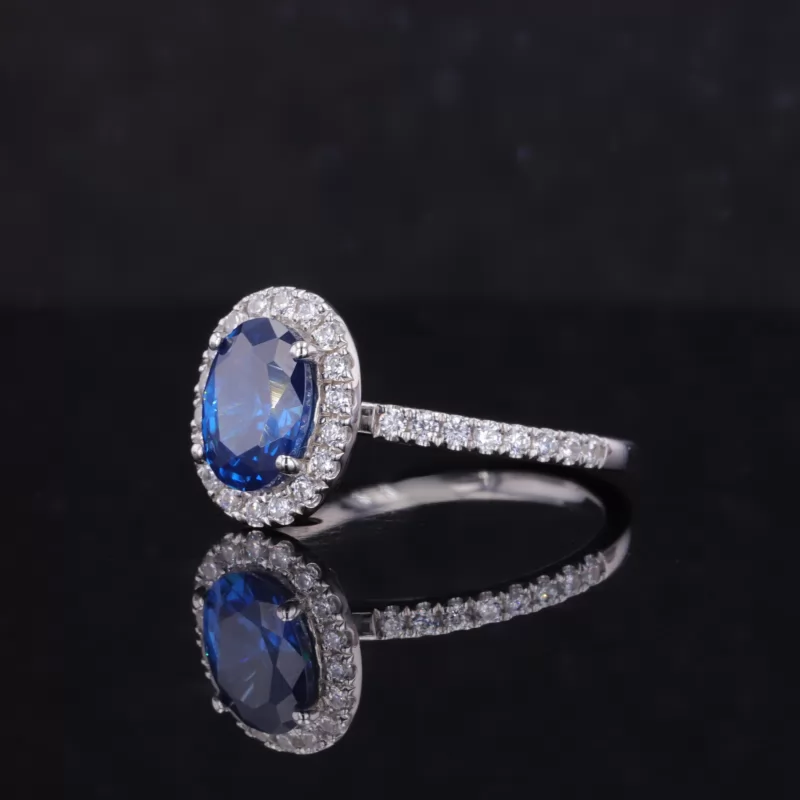 6×8mm Oval Cut Lab Grown Sapphire S925 Sterling Silver Halo Engagement Ring