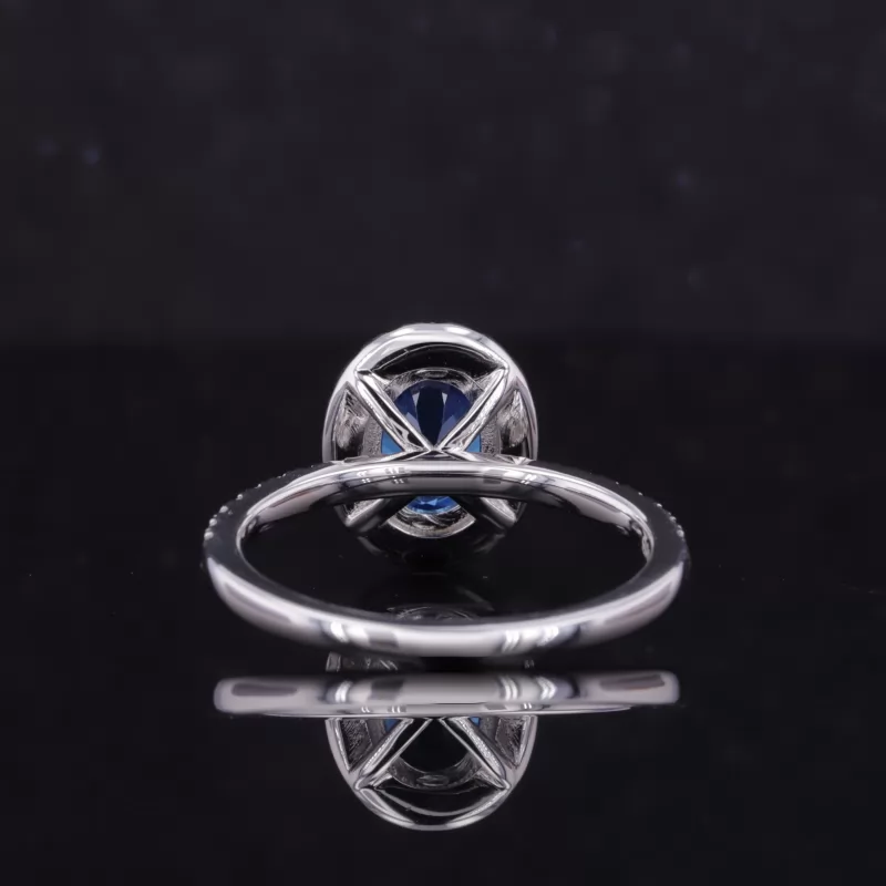 6×8mm Oval Cut Lab Grown Sapphire S925 Sterling Silver Halo Engagement Ring