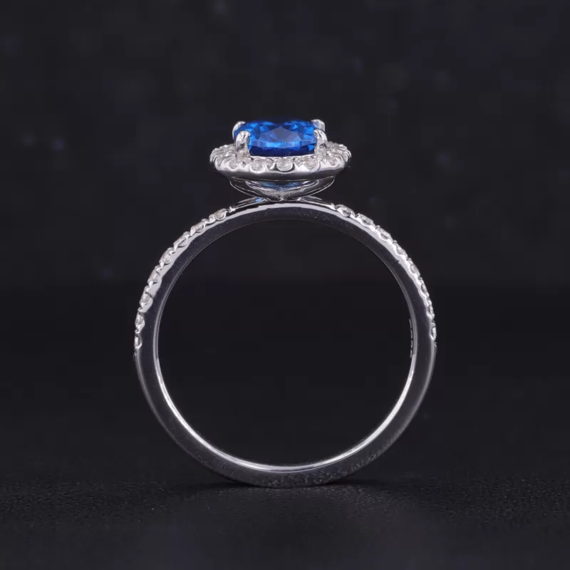 6×8mm Oval Cut Lab Grown Sapphire S925 Sterling Silver Halo Engagement Ring