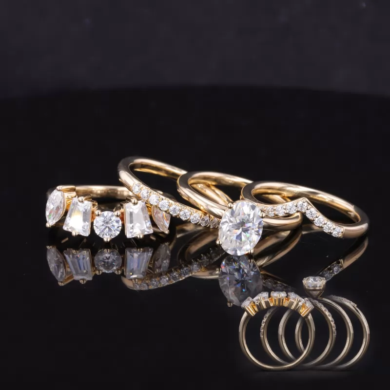 6×8mm Oval Cut Moissanite 14K Yellow Gold Stackable Rings
