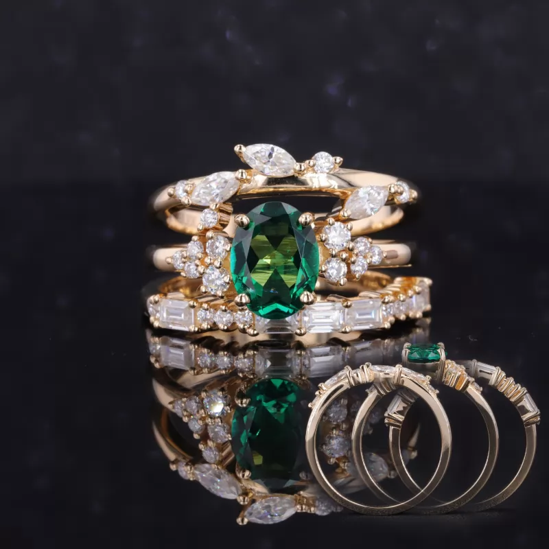 6×8mm Oval Cut Lab Grown Emerald 14K Yellow Gold Stackable Rings