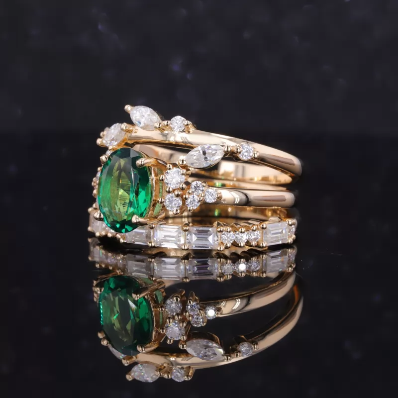 6×8mm Oval Cut Lab Grown Emerald 14K Yellow Gold Stackable Rings