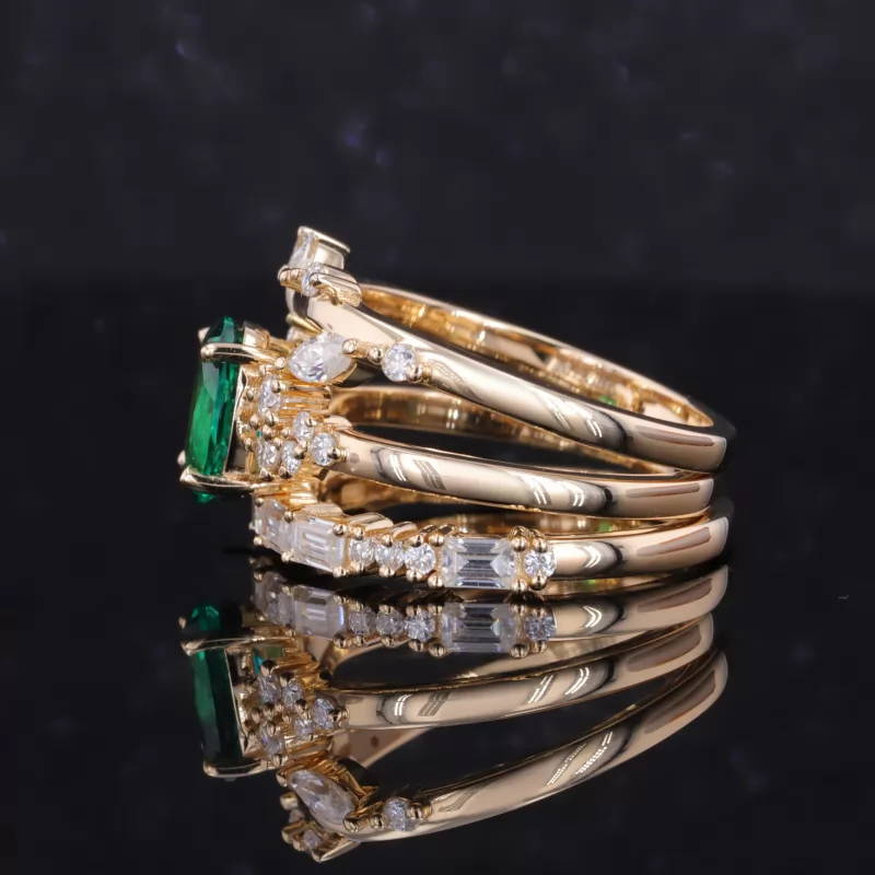 6×8mm Oval Cut Lab Grown Emerald 14K Yellow Gold Stackable Rings