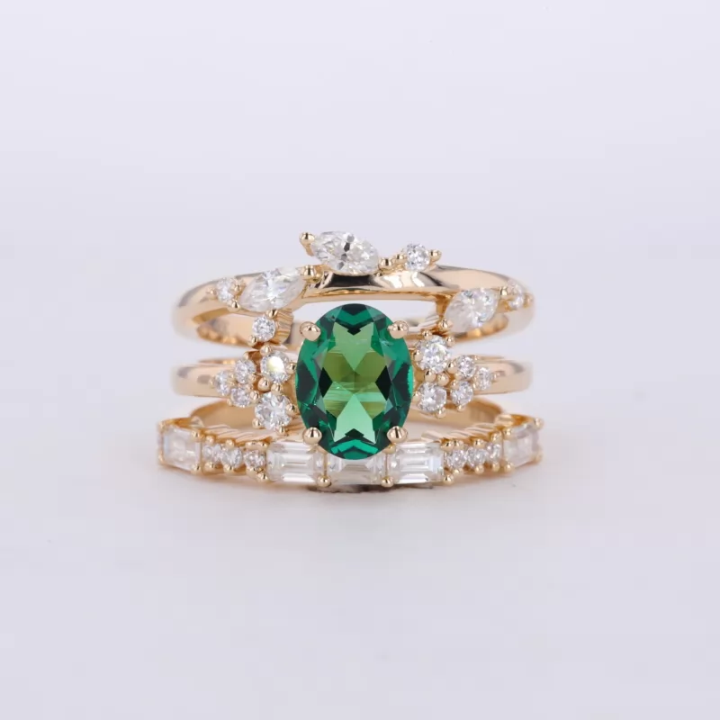 6×8mm Oval Cut Lab Grown Emerald 14K Yellow Gold Stackable Rings
