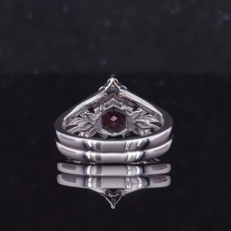 7×7mm Hexagon Cut Lab Grown Alexandrite Sapphire 14K White Gold Stackable Rings