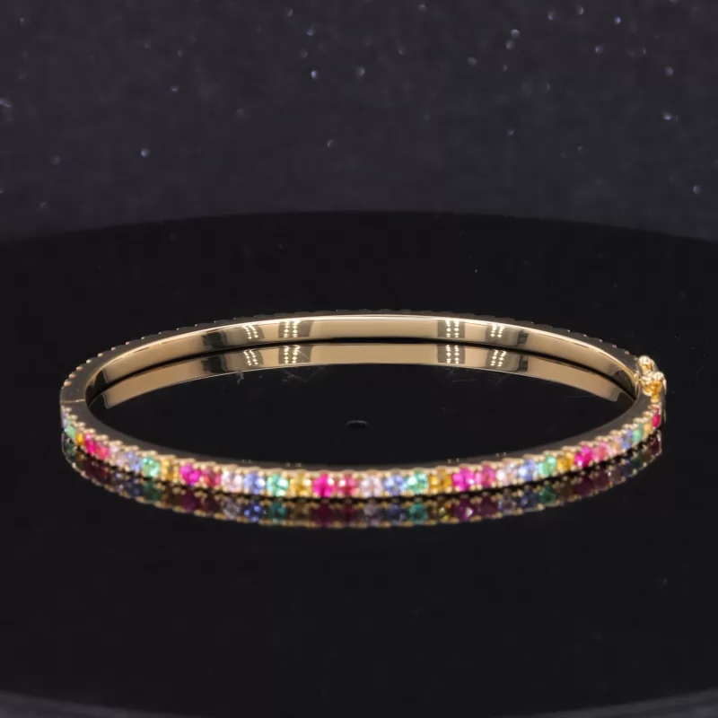 2mm Round Brilliant Cut Colours Lab Gemstones 18K Yellow Gold Rainbow Diamond Bracelet