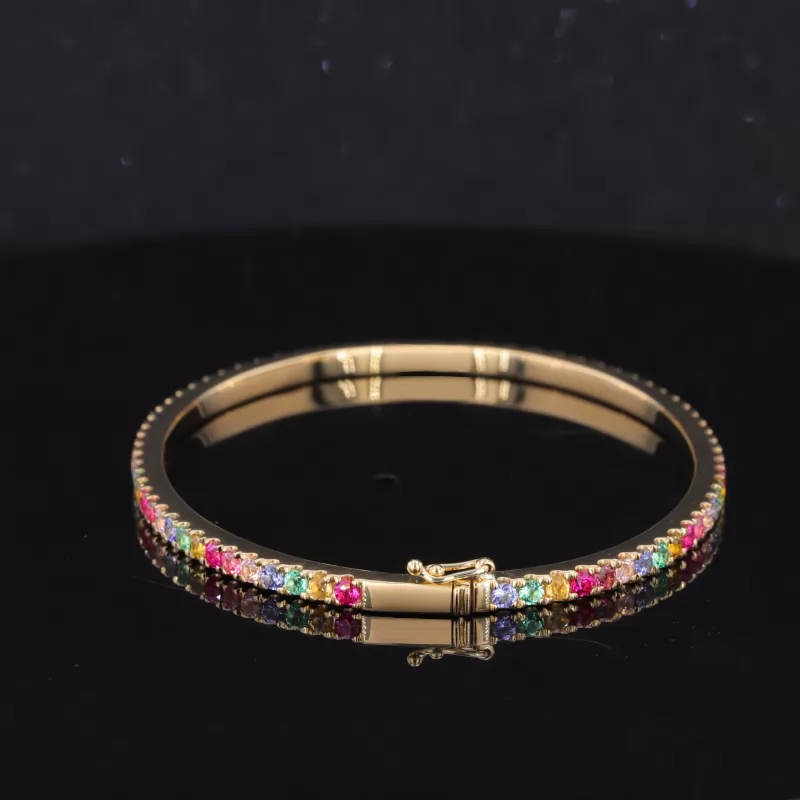 2mm Round Brilliant Cut Colours Lab Gemstones 18K Yellow Gold Rainbow Diamond Bracelet