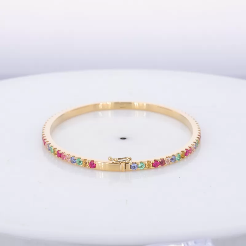 2mm Round Brilliant Cut Colours Lab Gemstones 18K Yellow Gold Rainbow Diamond Bracelet