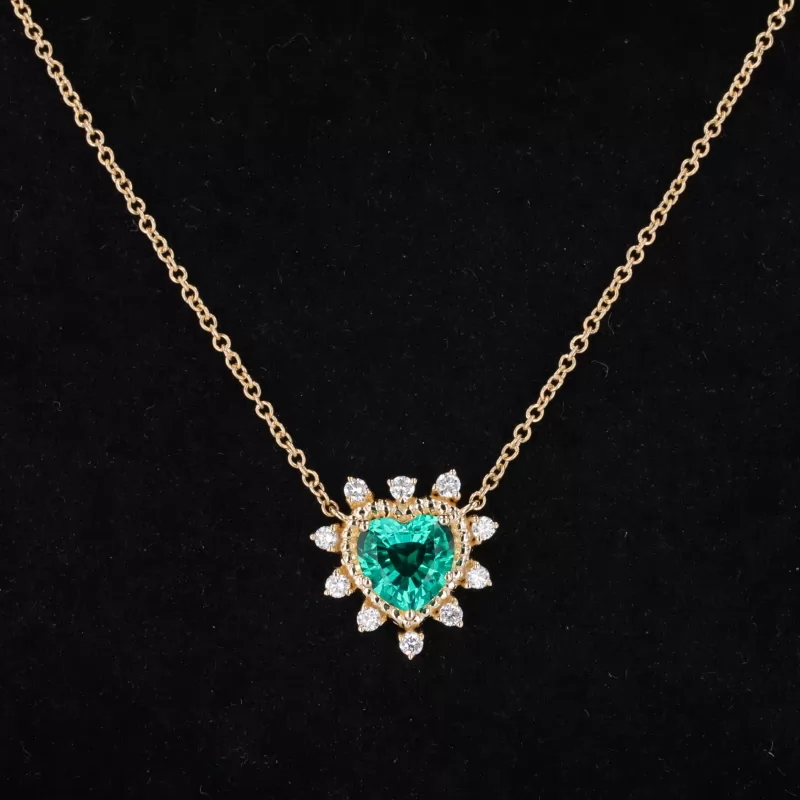 7×7mm Heart Cut Lab Grown Emerald 14K Gold Diamond Pendant Necklace