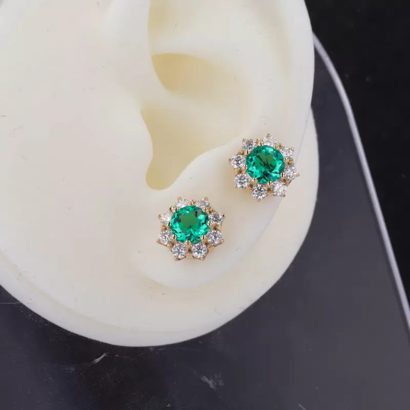 6mm Round Brilliant Cut Lab Grown Emerald Halo Set 9K Gold Diamond Stud Earrings