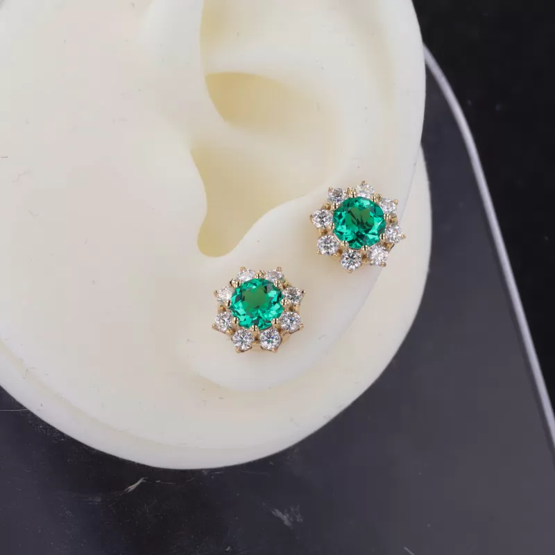 6mm Round Brilliant Cut Lab Grown Emerald Halo Set 9K Yellow Gold Diamond Stud Earrings