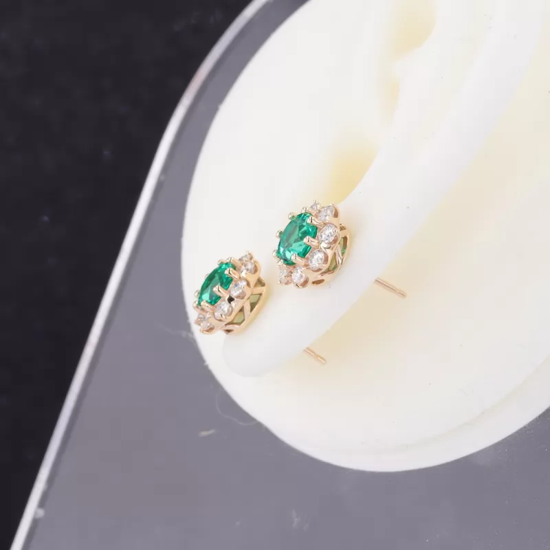 6mm Round Brilliant Cut Lab Grown Emerald Halo Set 9K Yellow Gold Diamond Stud Earrings