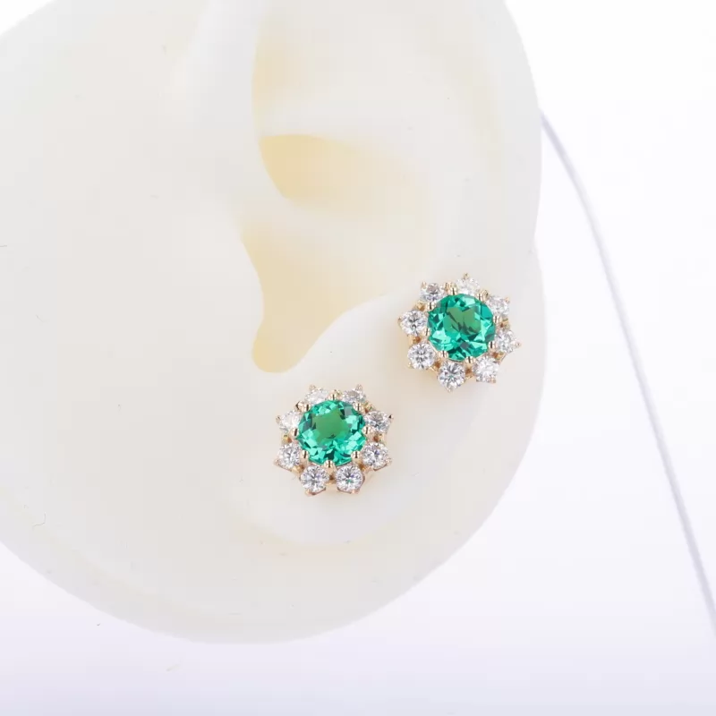 6mm Round Brilliant Cut Lab Grown Emerald Halo Set 9K Yellow Gold Diamond Stud Earrings