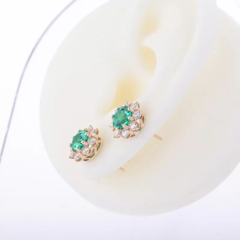 6mm Round Brilliant Cut Lab Grown Emerald Halo Set 9K Yellow Gold Diamond Stud Earrings