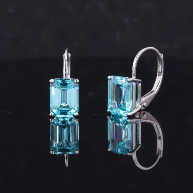 6×8mm Octagon Emerald Cut Lab Grown Paraiba Sapphire 10K White Gold Diamond Earrings